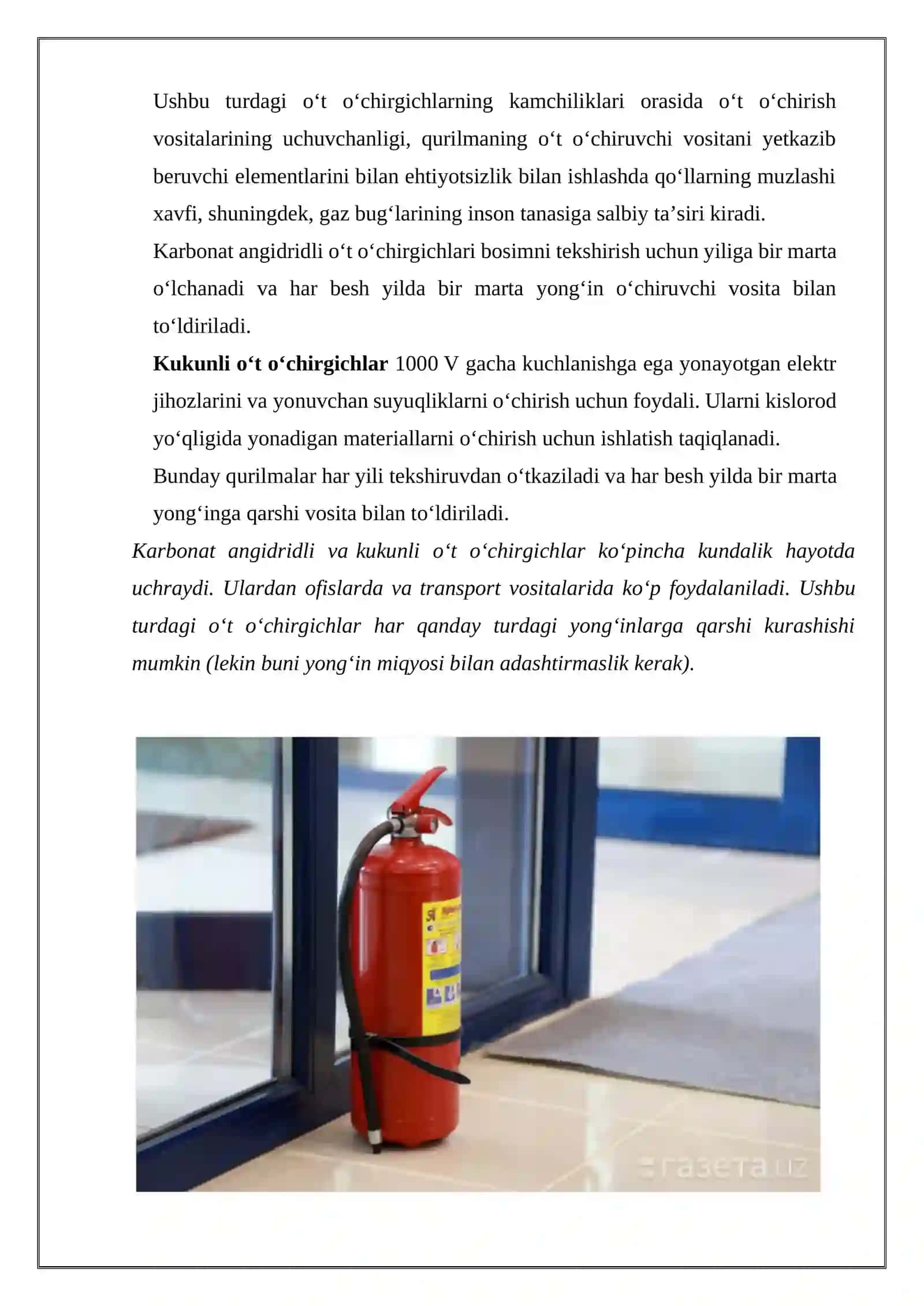 Kuchlanish ostida bo’lgan elektr uskuna sodir bo’lgan yong’ini ochirishda qo’llaniladigan vositalar 4