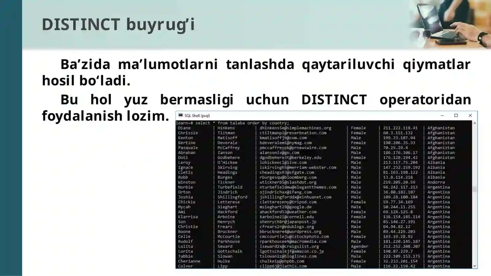 DISTINCT buyrug’i 4