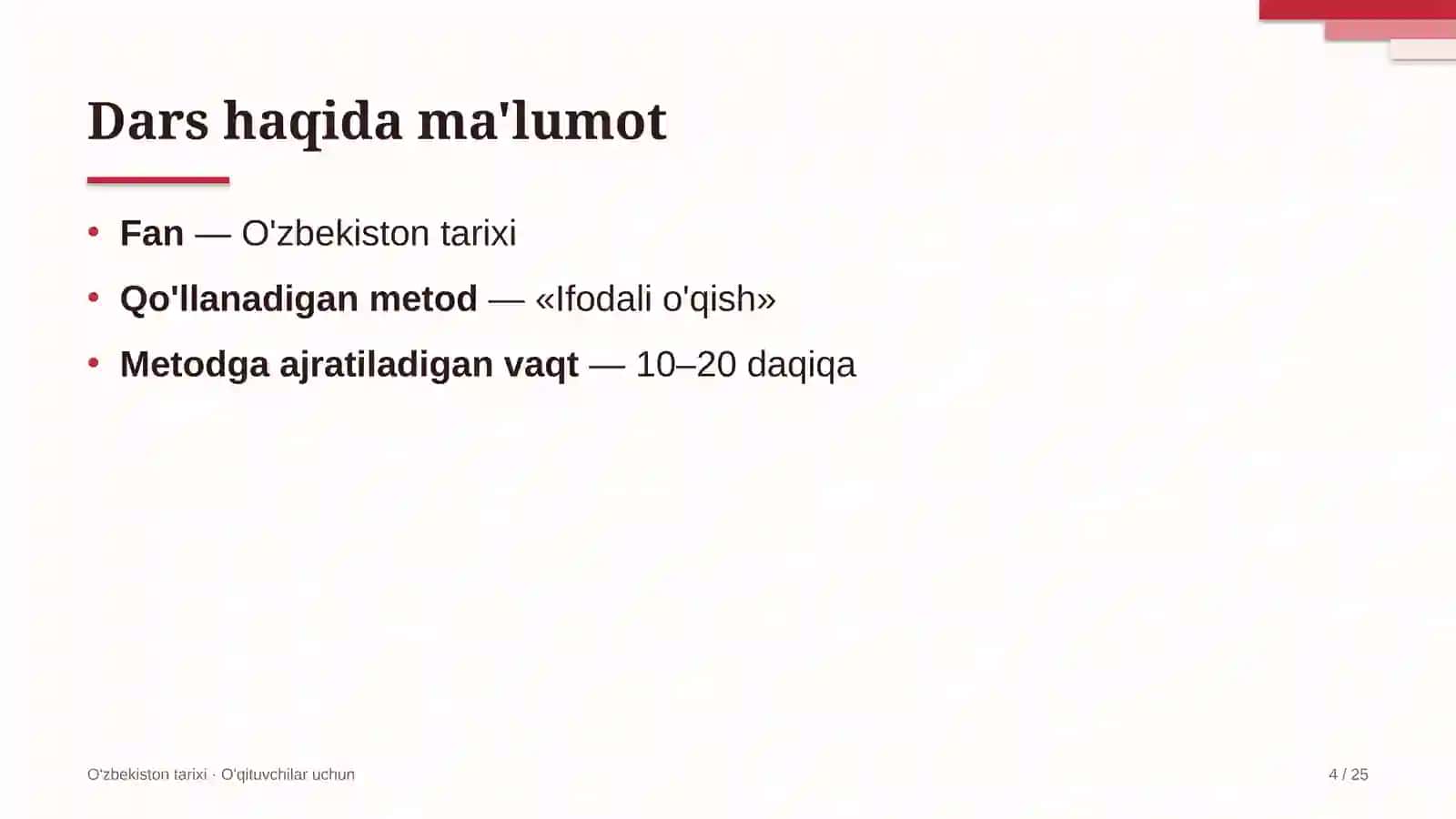 o'zbekiston tarixi darslarida ifodali o'qish metodidan foydalanish 6895 4