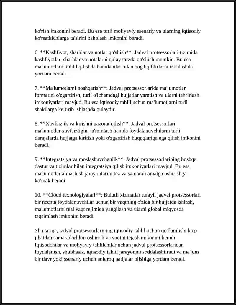 JADVAL PROTSESSORLARIDAN IQTISODIY MASALALARNI YECHISHDA FOYDALANISH 4