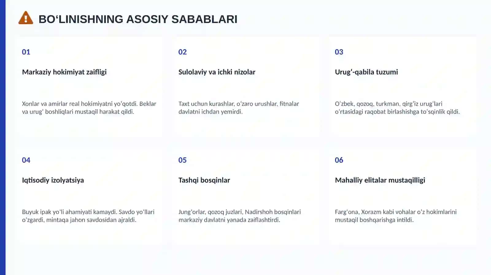 Oʻrta Osiyoning xonliklarga bo'linib ketishi, uning sabab va oqibatlari 4