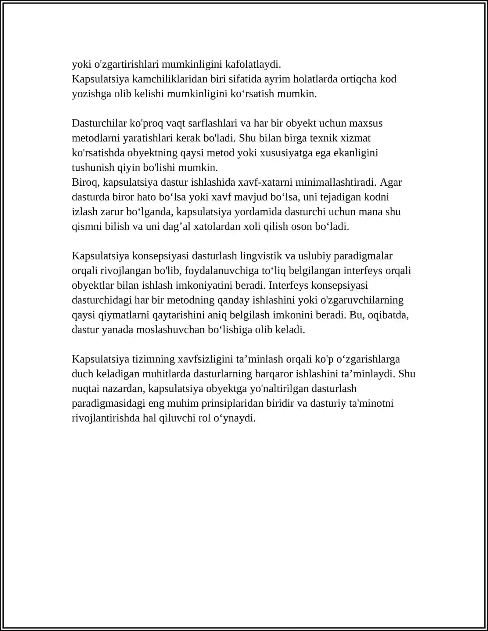 KAPSULYATSIYA ENCAPSULATION VA MA‘LUMOTLARNI YASHIRISH KAPSULYATSIYA PRINTSIPNI TUSHUNTIRISH VA SINFLARDA ATRIBUTLARNI YARATISH, FAQAT METODLAR ORQALI ULARGA 4