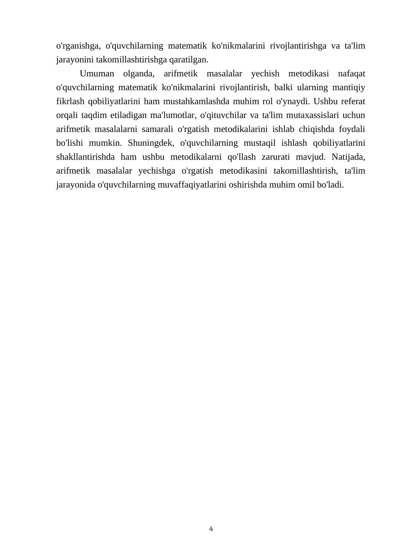 Arifmetik masalalar yechishga o’rgatish metodikasi. Konsentrlar (10, 100, 1000 va ko’p xonali sonlar) bo’yicha masalalar yechish ustida ishlash. Murakkab masalalar yechishga o’rgatish metodikasi Ma’lumotlar bilan ishlash. Masalalarni tenglama va jadval tuzib yechish 4