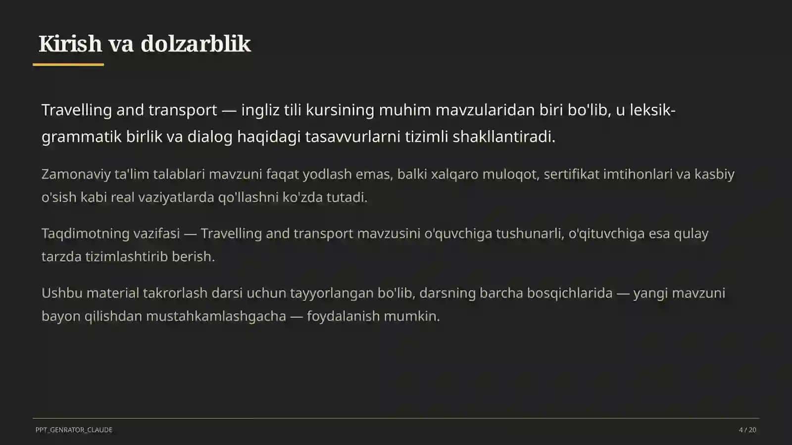 Travelling and transport (6-sinf) Ingliz tili (1– 11) — takrorlash darsi uchun 4