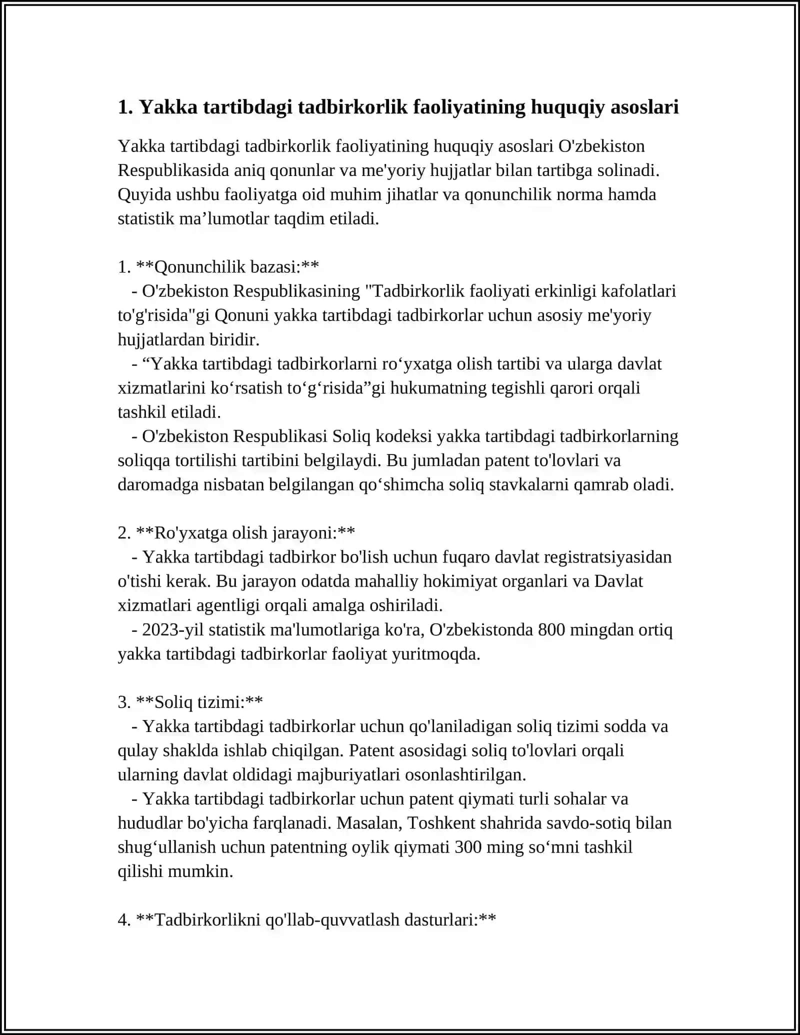 Yakka tartibdagi tadbirkorlarning foydasiga soliq solishning o‘ziga xos xususiyatlari 4