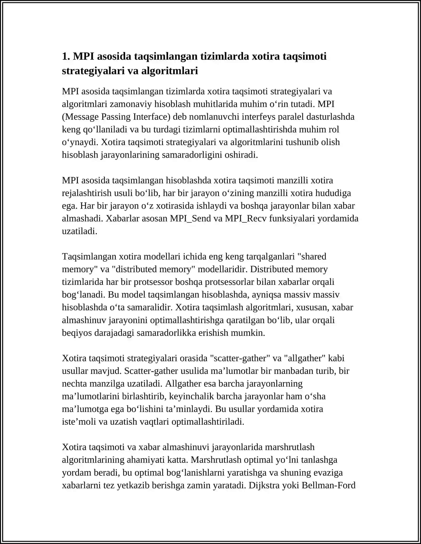 MPI ASOSIDA TAQSIMLANGAN TIZIMLARDA XOTIRA TAQSIMOTI, MARSHRUTLASH, OPTIMALLASHTIRISH MUAMMOLARI VA YECHIMLARI 4