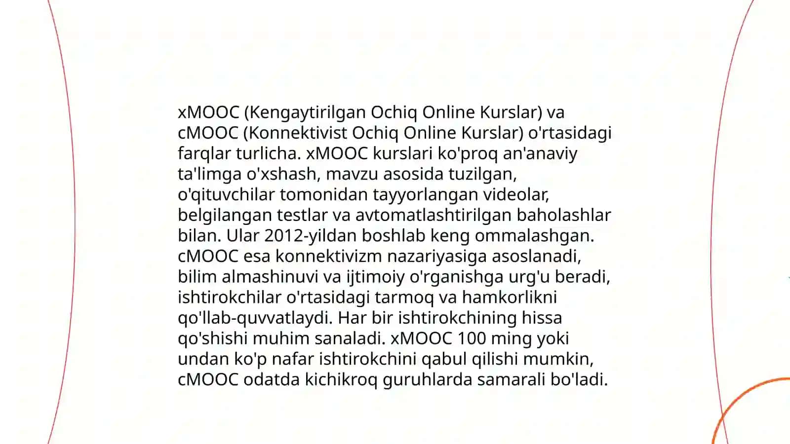 Zamonaviy ta'lim modellari (Ommaviy ochiq onlayn kurslar; xMOOC, cMOOC) 4