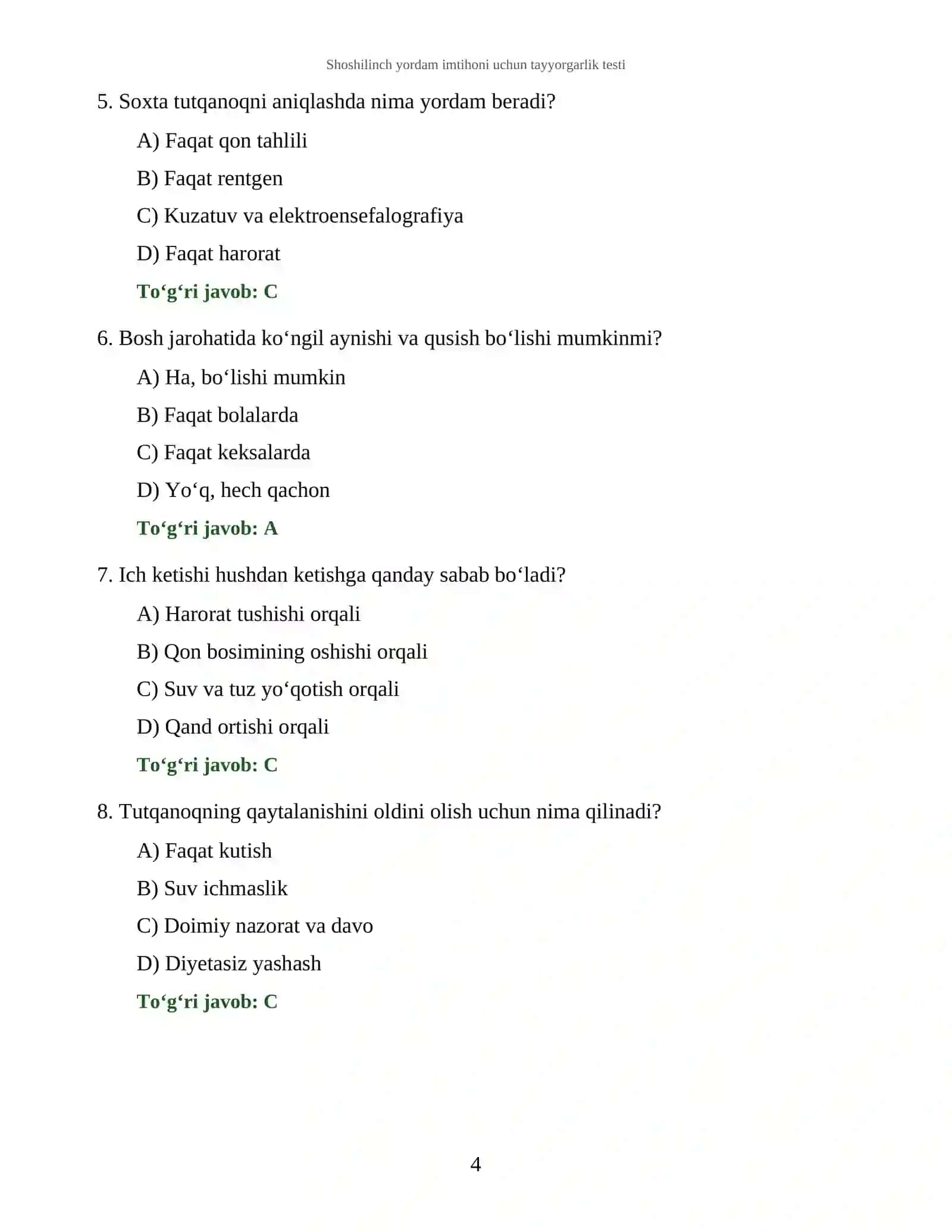 Shoshilinch yordam imtihoni uchun tayyorgarlik testi 4