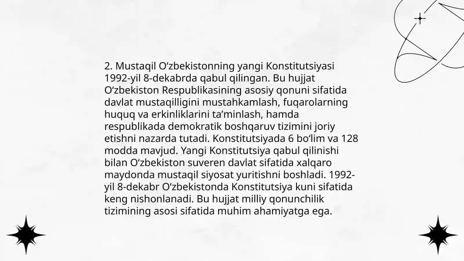 O'zbekistonda davlat mustaqiligining qo'lga kirilishi,xuquqiy demokratik davlat va fuqarolik jamiyati asoslarining barpo etilishi 4