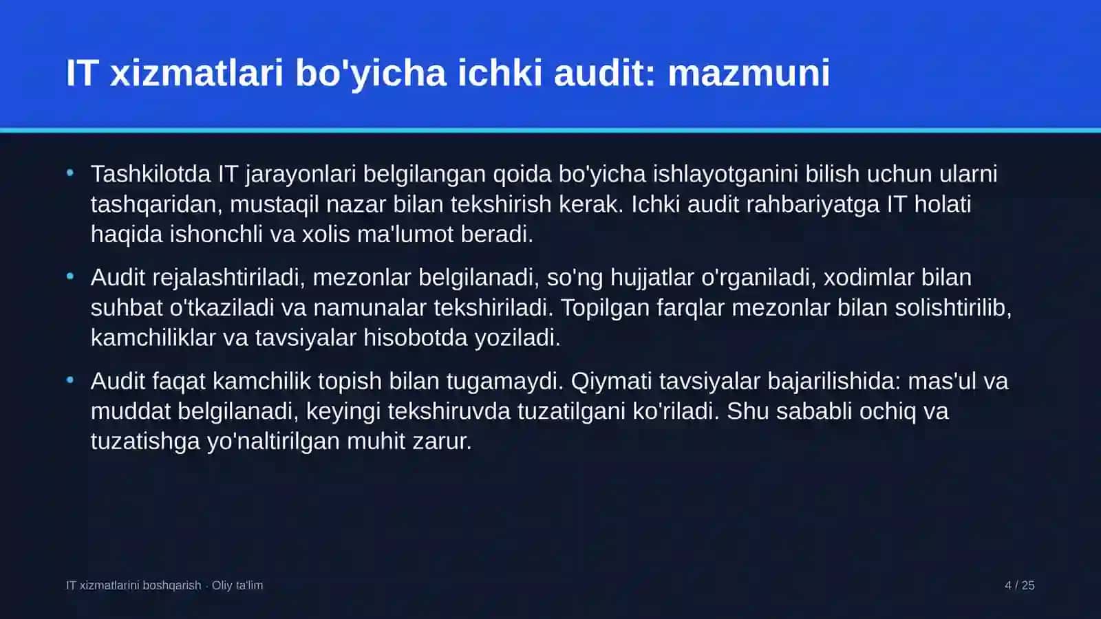 sport maktablarida axborot texnologiyalari xizmatlari bo'yicha ichki auditni o'tkazish 9658 4