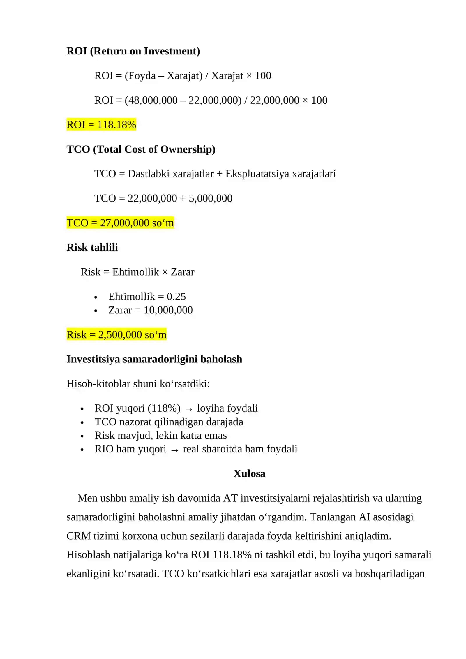 Amaliy ish. AT investitsiyalarni rejalashtirish va samaradorligini baholash (ROI, TCO) 4