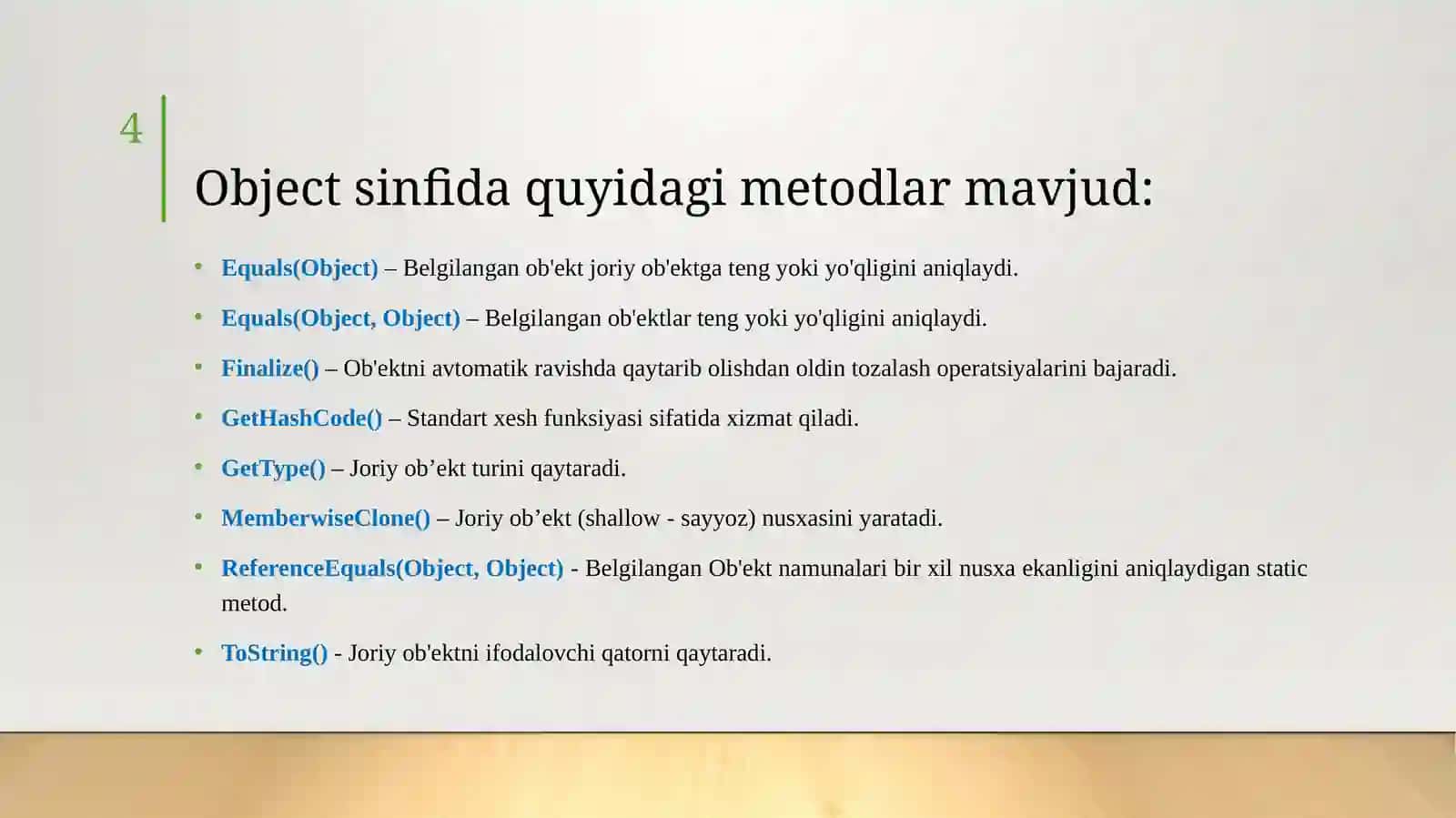 System. Object asosiy tayanch sinfidan hosilaviy sinflarni yaratish va vorislarida metodlarini qayta aniqlash 4