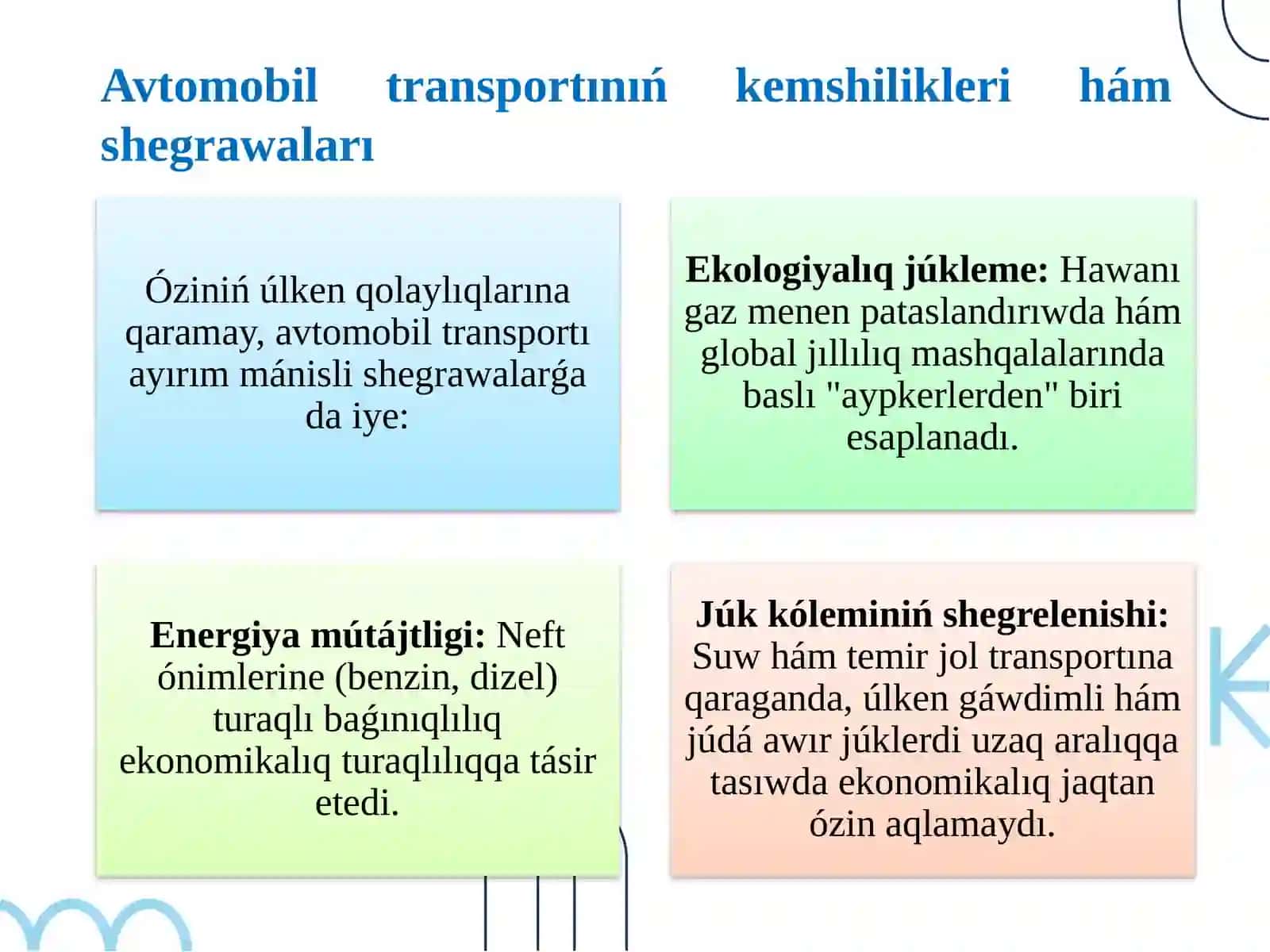 Avtomobil transportı rawajlanıwınıń ózine tán ózgeshelikleri 4