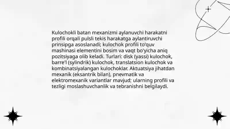 Zamonaviy toʻquv dastgohlarda tirsakli va kulochokli batan mexanizmlari 4