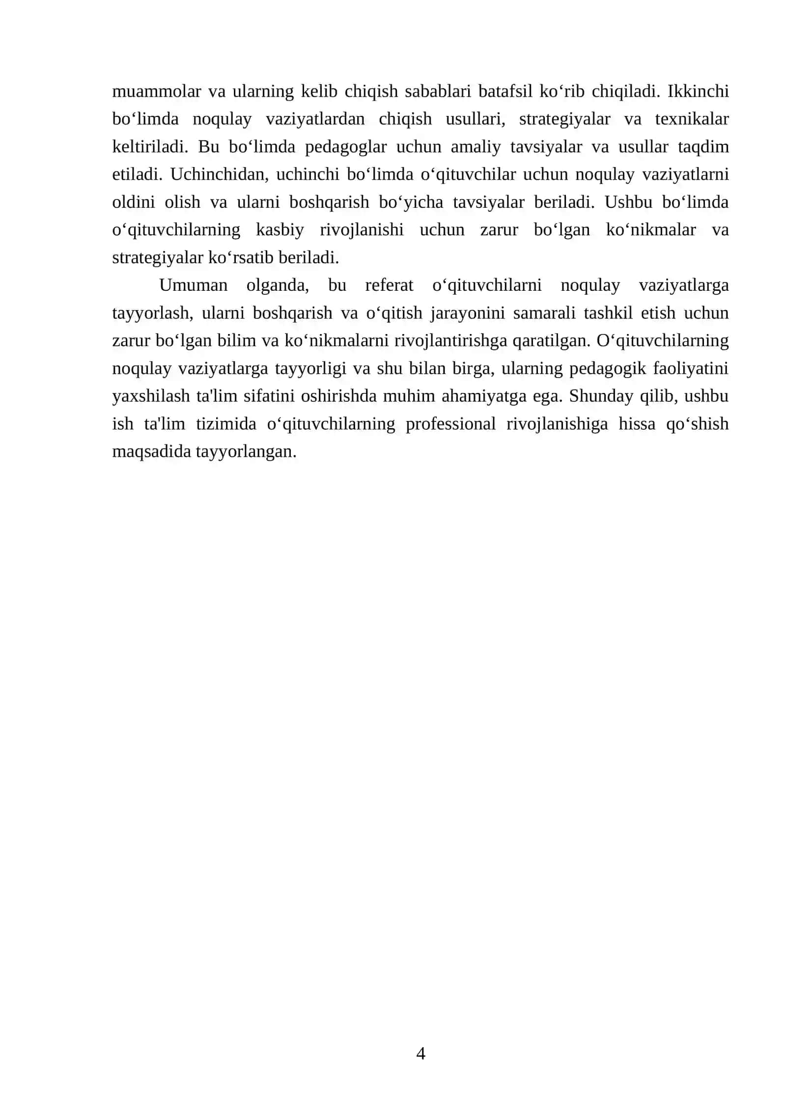 Oʻqitish jarayonida oʻqituvchining noqulay vaziyatga tushib qolish holatlari va bu holatlardan chiqib ketish usullarini ishlab chiqish 4