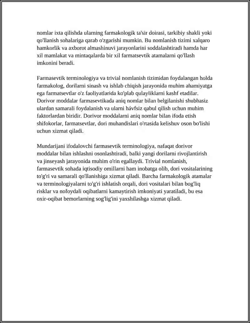 FARMASEVTIK TERMINOLOGIYAGA KIRISH. DORIVOR MODDALARNING TRIVIAL NOMLANISHI 4