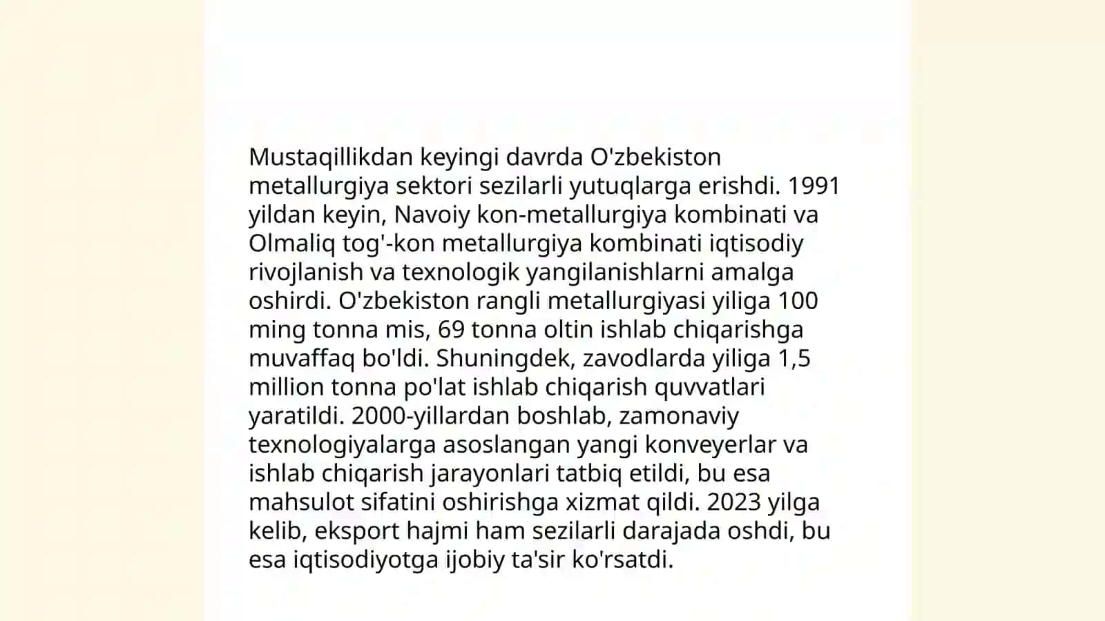 Oʻzbekiston respublikasida metallurgiyaning rivojlanishi 4
