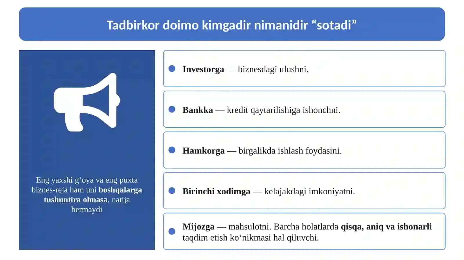 Biznes g‘oyani taqdim etish va tadbirkorlik yo‘lini boshlash 4