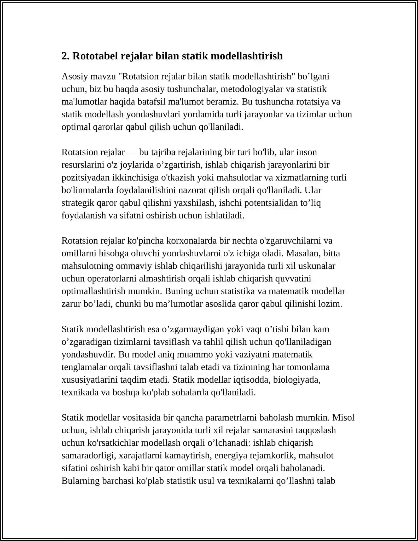 EKSPERIMENTLARNI ROTOTABEL REJALASHTIRISH ASOSIDA TEXNOLOGIK OBYEKTLARNI STATIK MODELINI ISHLAB CHIQISH 4