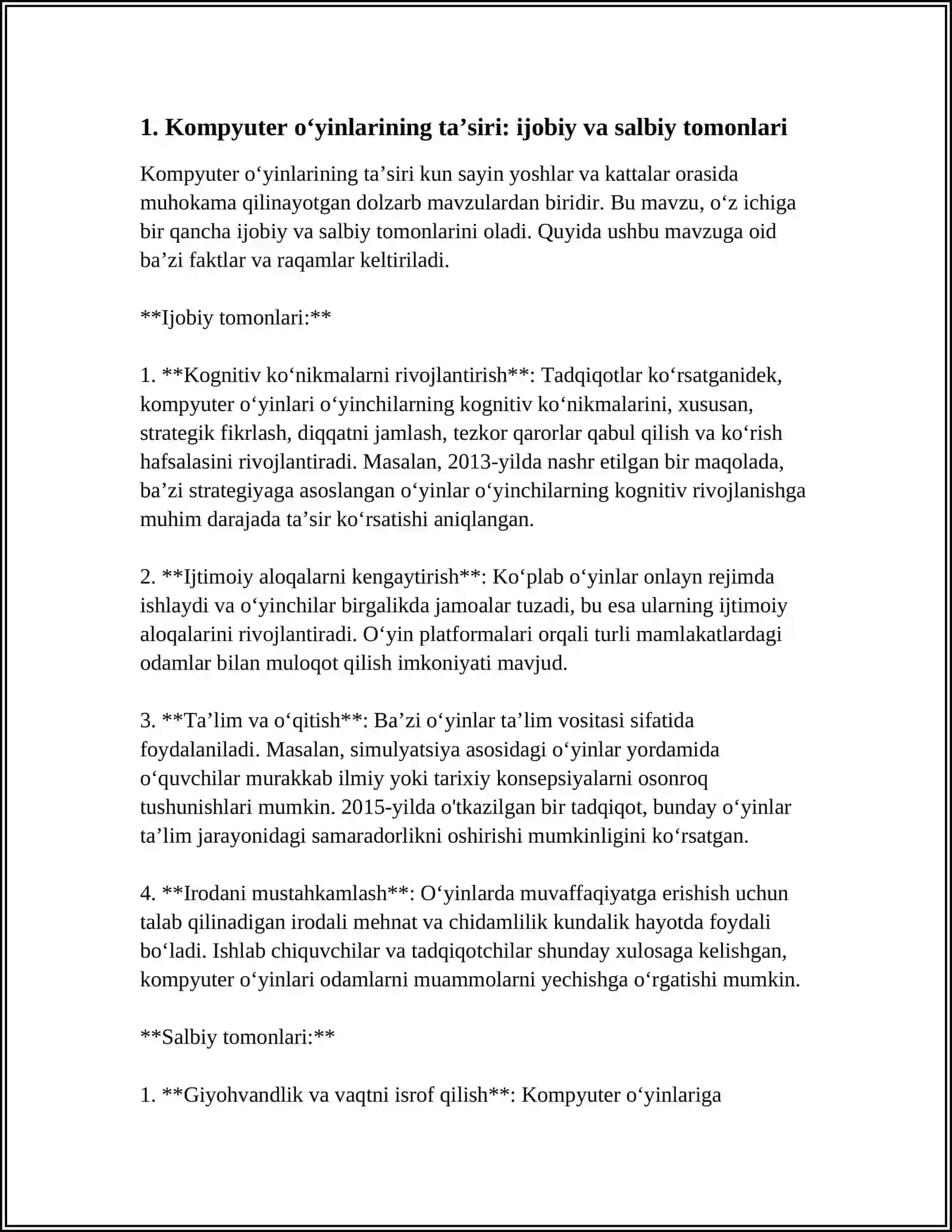 "KOMPYUTER OʻYINLARI -MANQURTLIK VOSITASI " MAVZUSIDAGI MUSTAQIL ISH 4