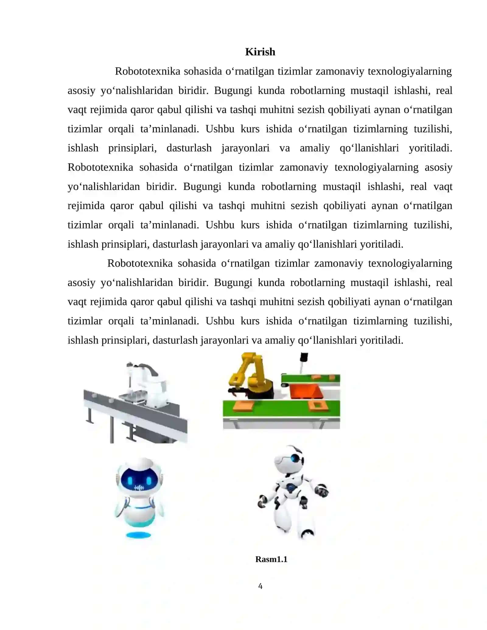 ROBOTOTEXNIKA SOHASIDA O‘RNATILGAN TIZIMLAR KURS ISHI ISHIGA HISOBOT YOZUVI 4