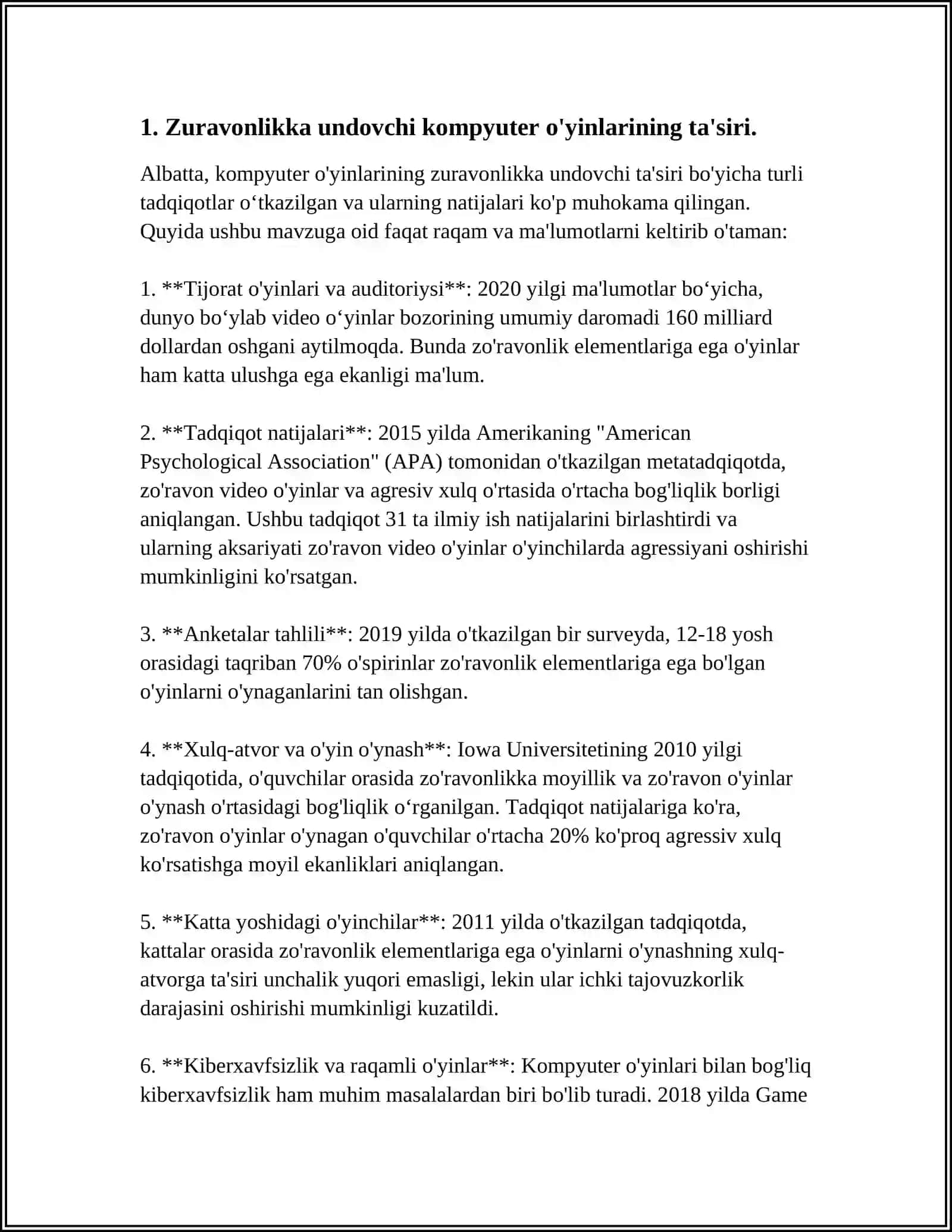 ZURAVONLIK FAXSH VA SHAVQATSIZLIKKA UNDOVCHI UYINLAR PUBJ MINEKRAFT GMA COUNTER CTCHIKE EVER QUEST MANHUT HILMIY XIDIR SORIY LORNING ZARARLI OQIBATLARI VA ULARNING BARTARAF ETISH YULARI 4