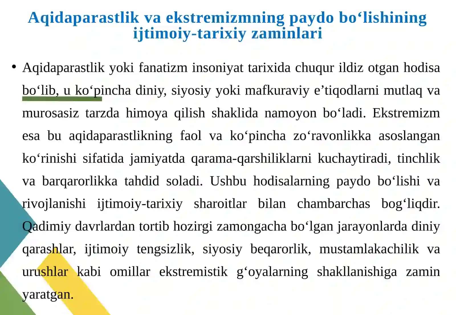 Aqidaparastlik va ekstremizmning paydobo‘lishining ijtimoiy-tarixiy zaminlari 4