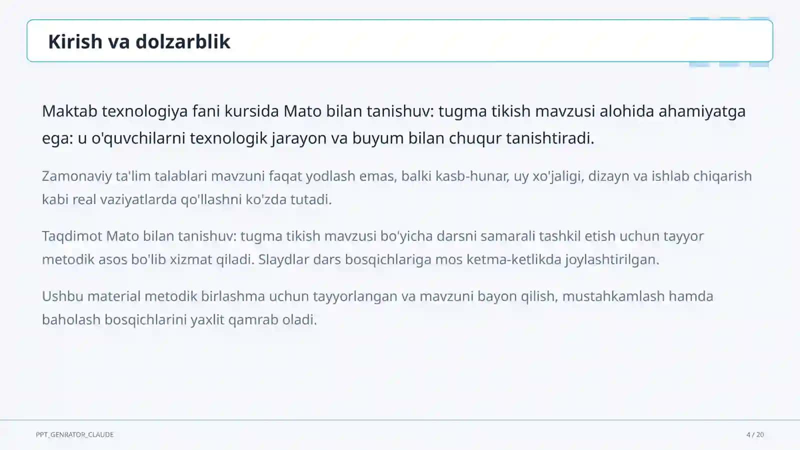Mato bilan tanishuv: tugma tikish (2-sinf) 4