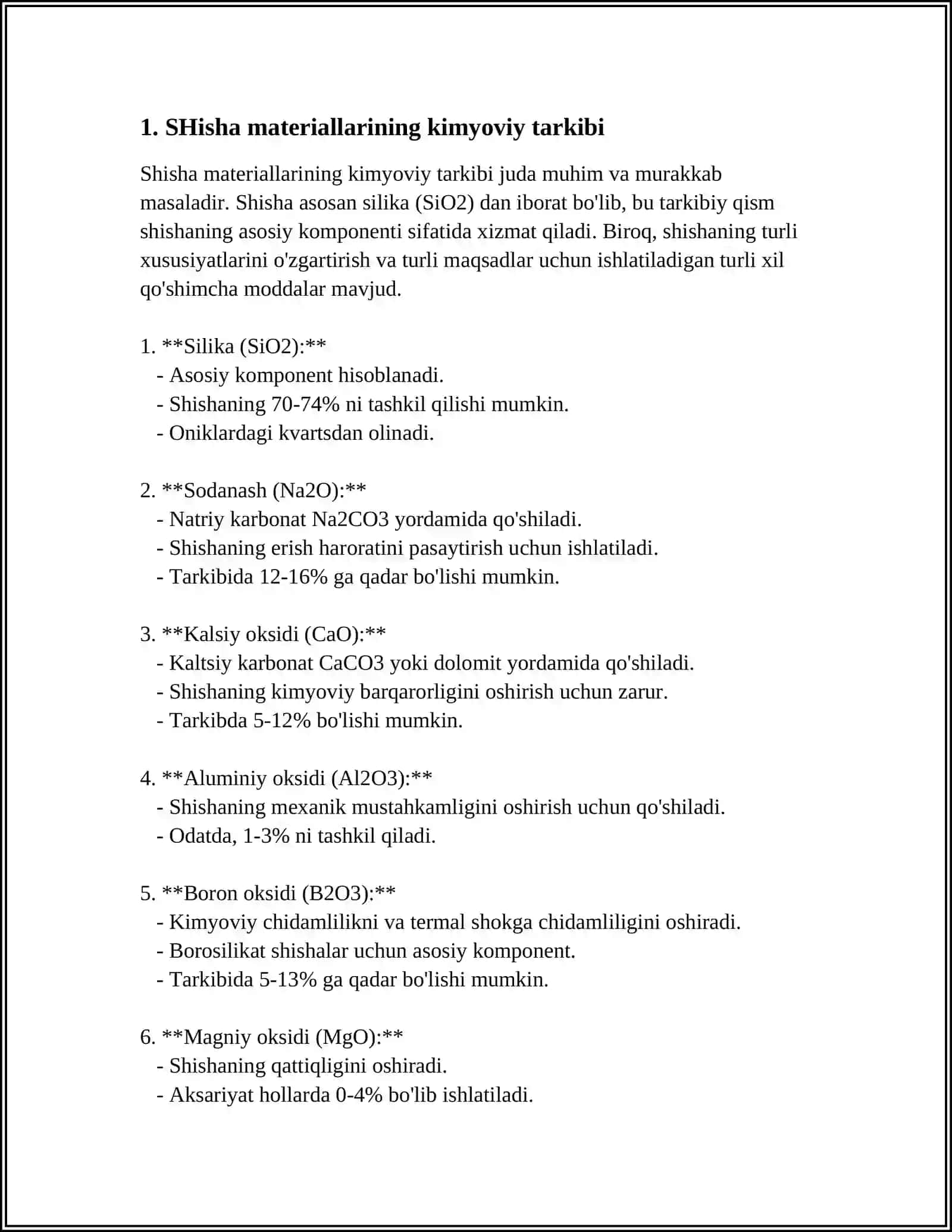 SHISHA MATERIALLARI KIMYOVIY TARKIBI VA ISHLAB CHIQARISH TEXNOLOGIYASI 4