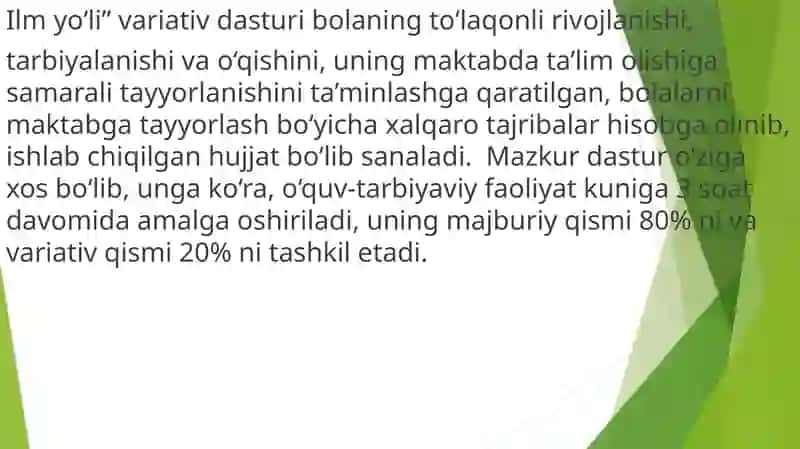 BOLALARNI BOSHLANG’ICH TA’LIMGA BIR YILLIK MAJBURIY TAYYORLASH.”ILM YO’LI” VARIATIV DASTURI 4