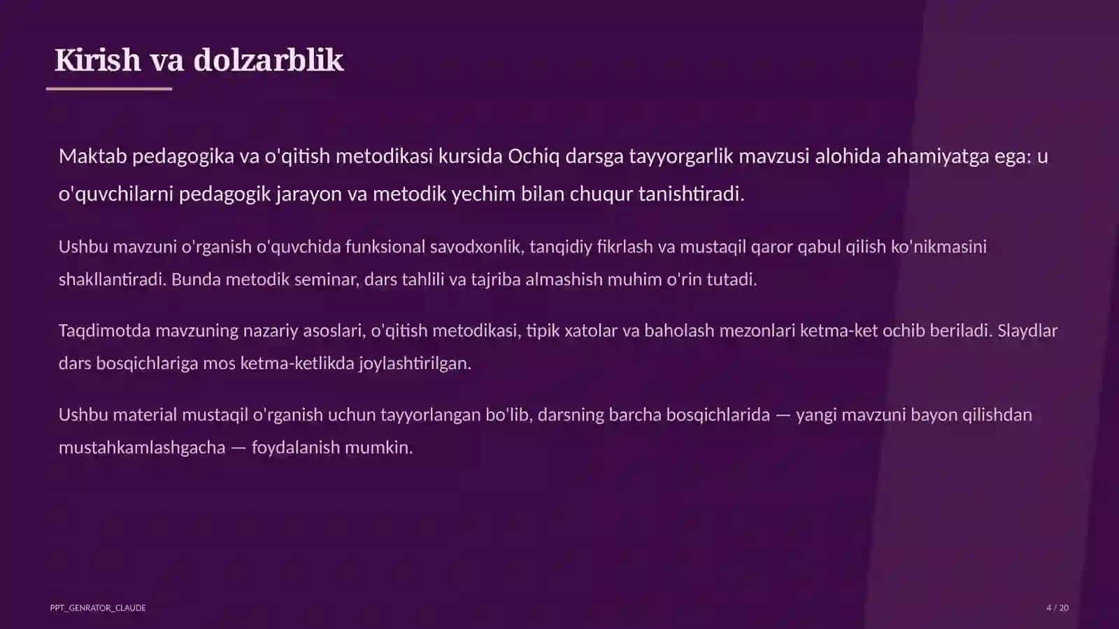 O'qituvchilar uchun: pedagogika va o'qitish metodikasi 4