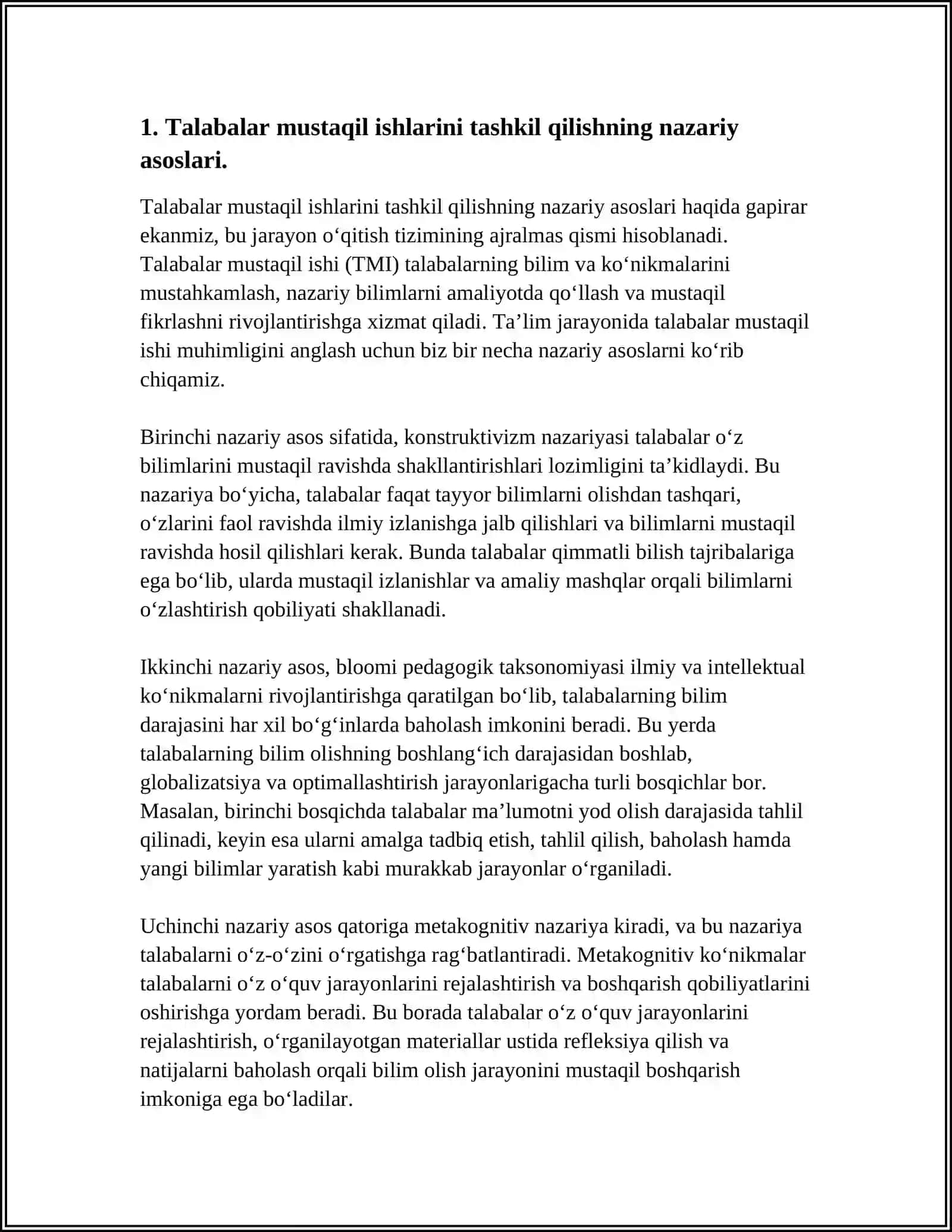 BIOFIZIKA VA TIBBIYOTDA AXBOROT TEXNOLOGIYALARI KAFEDRASIDA O’QITILADIGAN FANLARDAN TALABALAR MUSTAQIL ISHINI TASHKIL QILISH, BAHOLASH TARTIBI TO’G’RISIDA 4