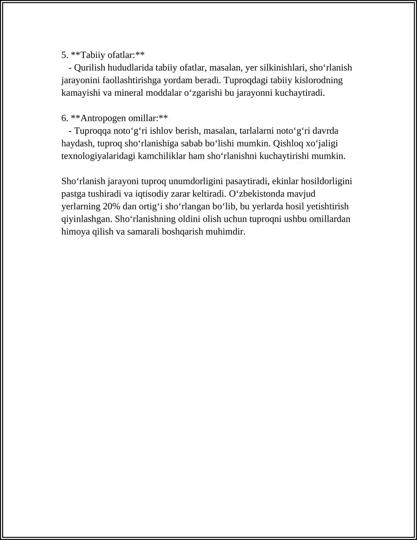 TUPROQ VA UNING QATLAMLARINING ASOSIY SHOʻRLANISH FAKTORLARI TUZLARNING TOʻPLANISHI VA ARALASHISHIDA DARYO SUVLARINING ROʻLI 4