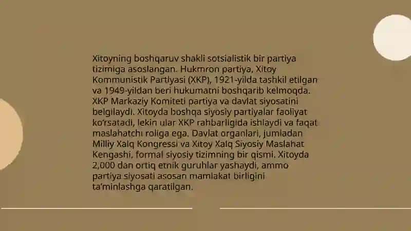 Xitoyning boshqaruv shakli: Sotsialistik bir partiya tizimi 4