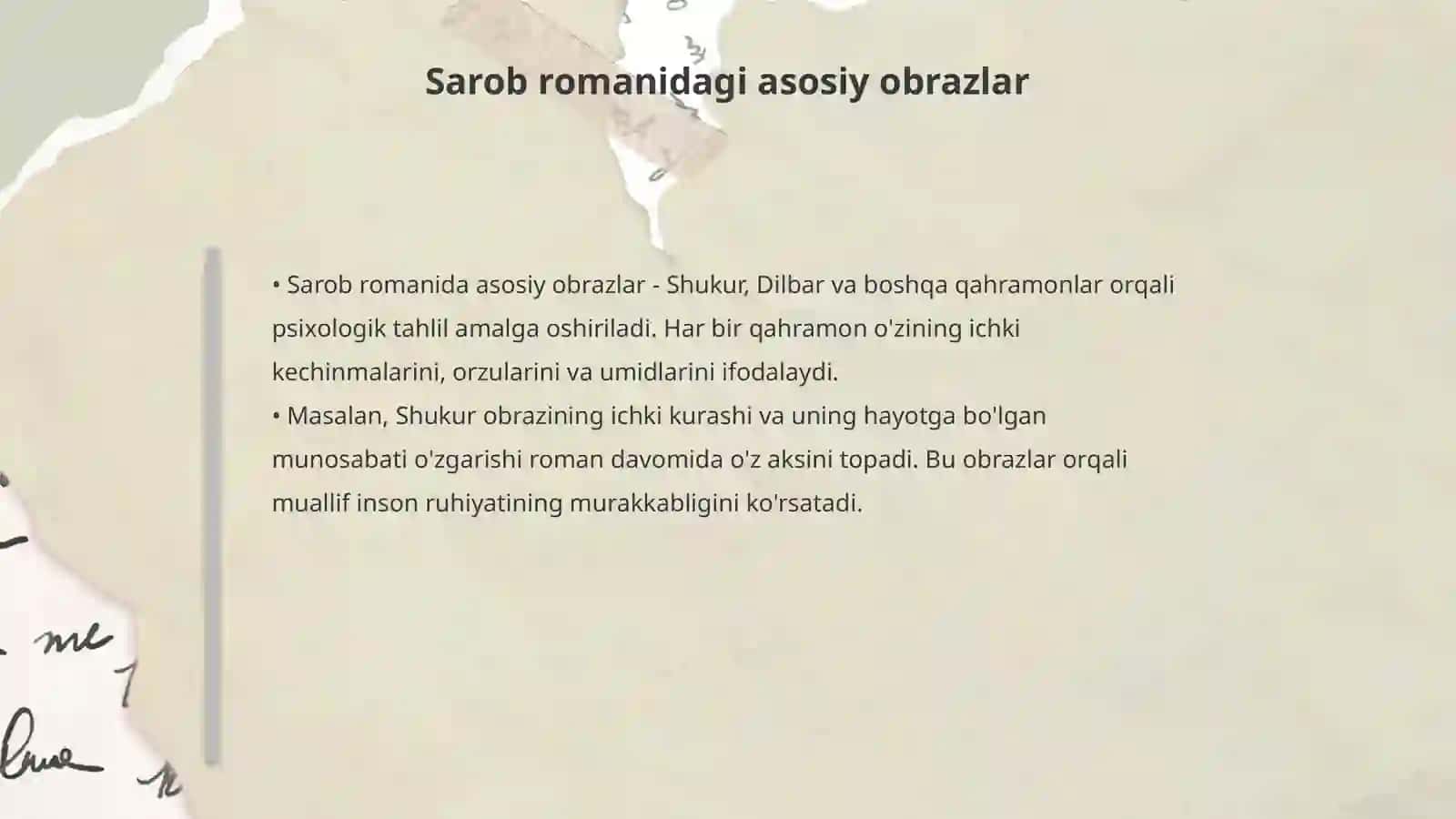 Badiiy asarda psixologizm muammosi. Sarob romani misolida 4
