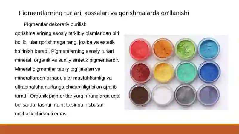 Dekorativ qurilish qorishmalarni ishlab chiqarishda pigment va rangli sementlarni qо‘llash 4