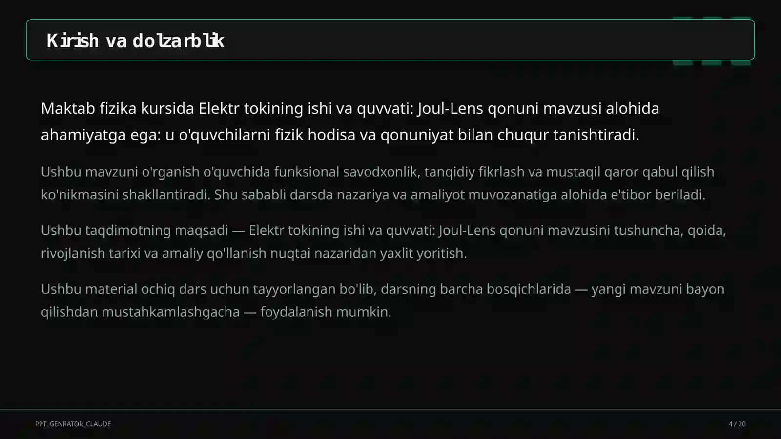 Elektr tokining ishi va quvvati: Joul-Lens qonuni (8-sinf) 4