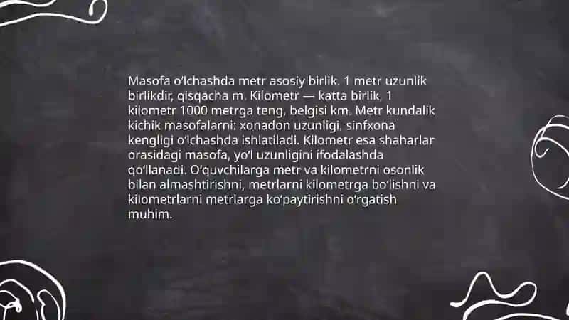 Boshlangʻich sinflarda oʻrganiladigan asosiy miqdorlar: uzunlik, masofa, narx, baho, vaqt, masofa, tezlik 4