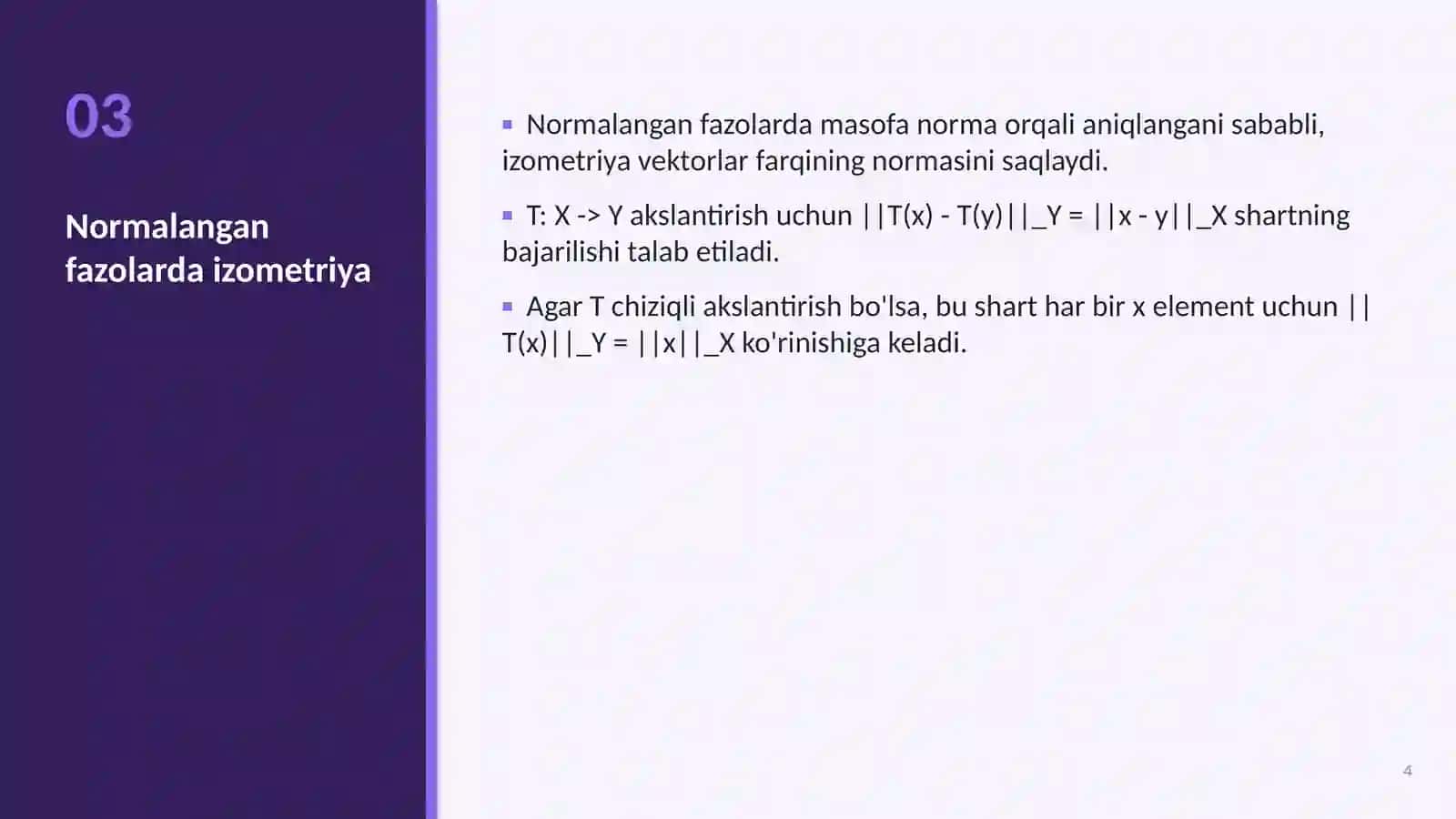 Funksional analiz: Izometriyani aniqlash va tekshirish 4
