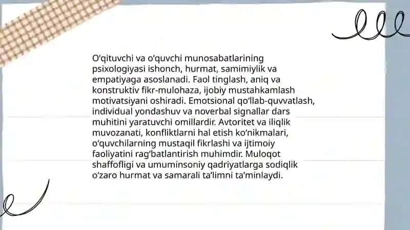 Oʻqituvchi faoliyatida muloqot madaniyati va psixologiyasi.Muloqotni tashkil etishda umuminsoniy qadriyatlarning ustuvorligi 4