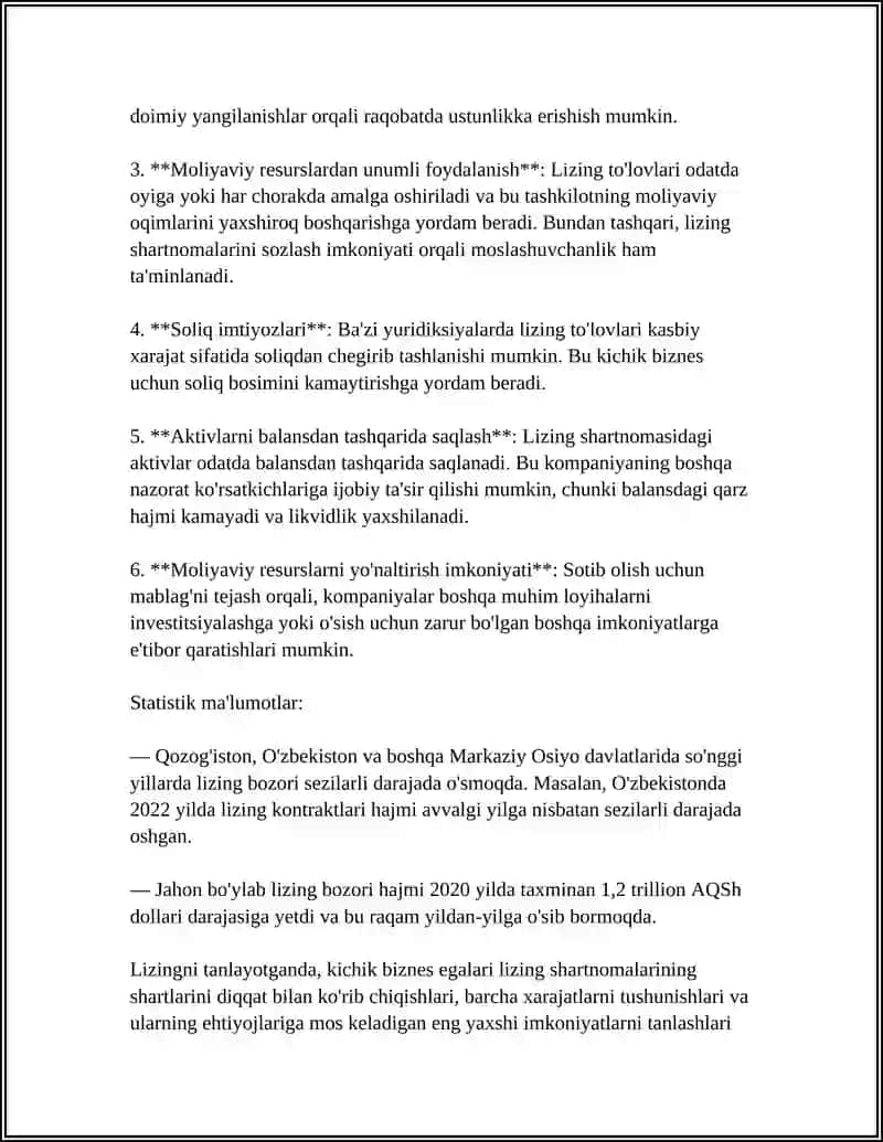 LIZING, KREDIT VA GRANTLARNING KICHIK BIZNESDA AHAMIYATI 4