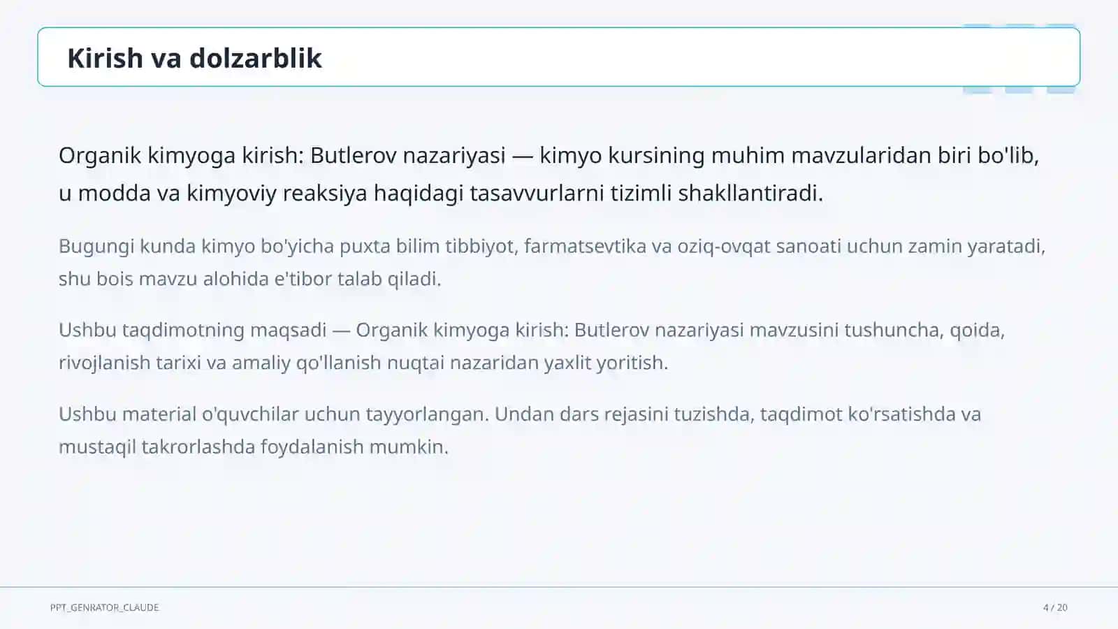 Organik kimyoga kirish: Butlerov nazariyasi (10-sinf) 4