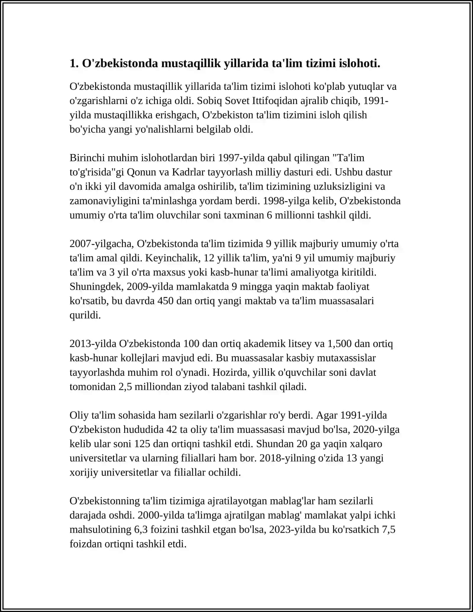 MUSTAQILLIK YILLARIDA OʻZBEKISTONDA MAʼNAVIY MADANIY TARAQQIYOT. TAʼLIM SOHASIDA AMALGA OSHIRILGAN ISLOHOTLAR 4