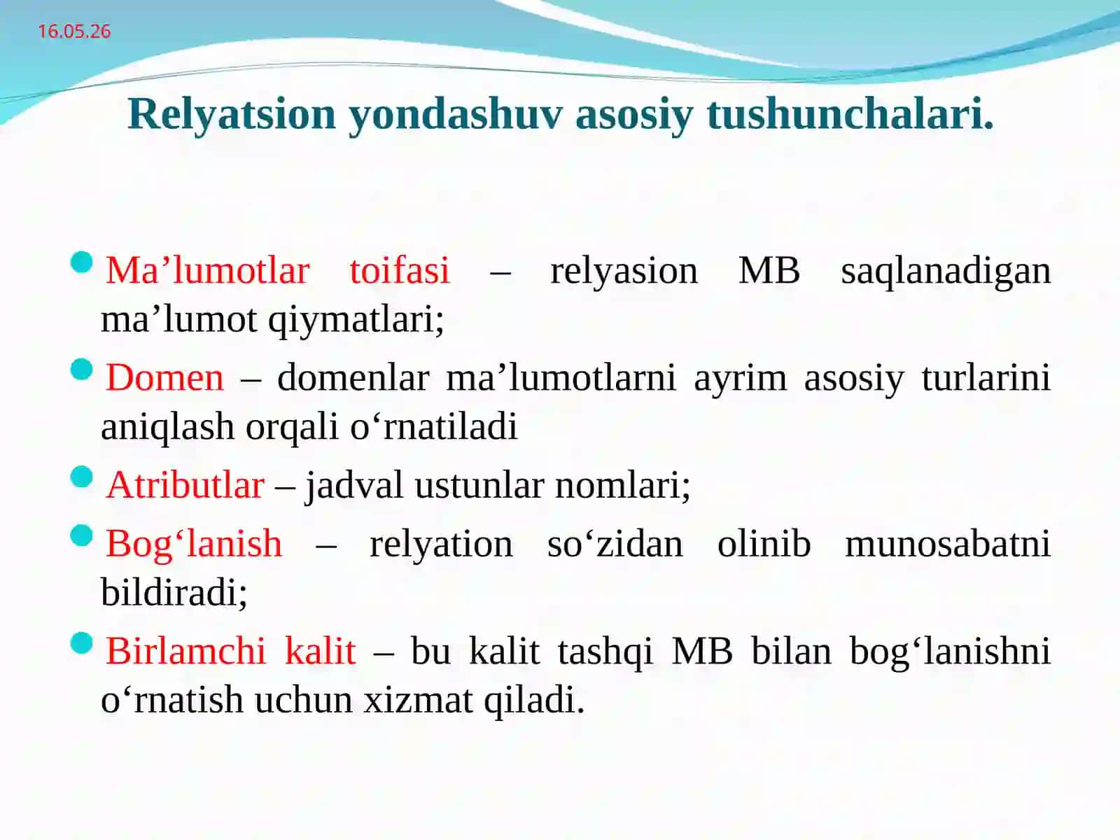 Relyatsion modelining asosiy tushunchalari 4