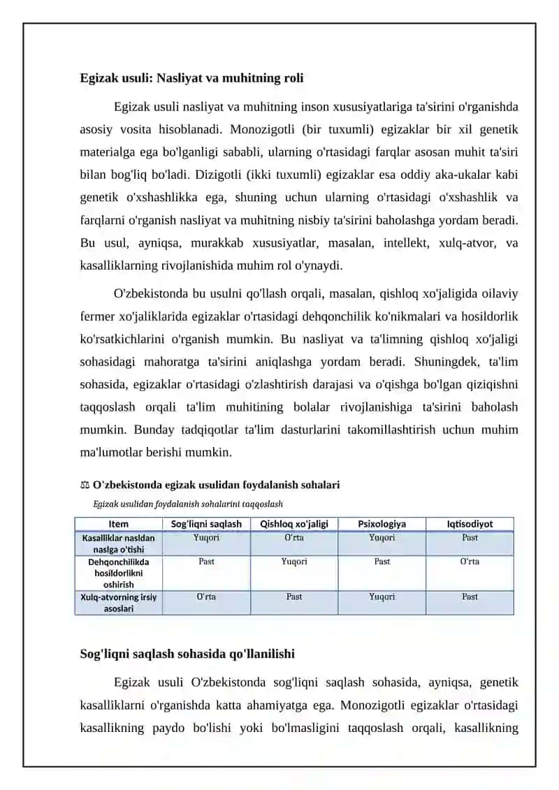 O'zbekistonda egizaklar usulini nimalarda qo’llash mumkin(misollar bilan) 4