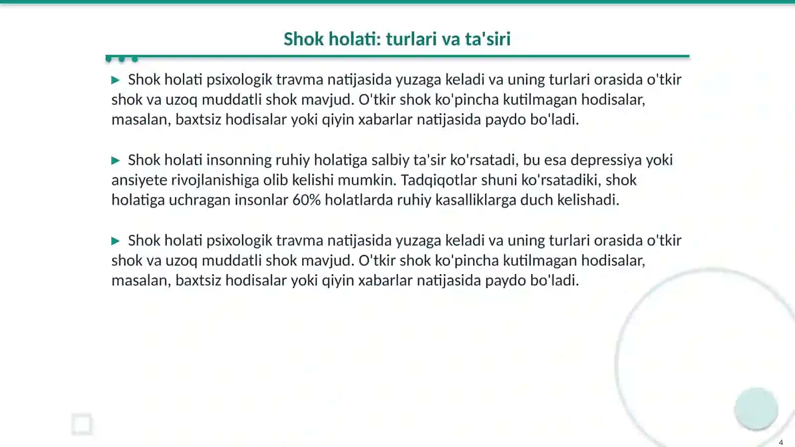 Bemorlarning ruhiy holati. «Depressiya, shok, qo'rquv, cho'chish, ipoxondriya, o'zini aybdor xis qilish» suitsidal fikrlash 4