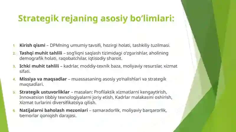 DPM ishlarining strategik rejalari va biznes rejalari. O’zbekiston Republikasida birlamchi tibbiy yordam va tibbiy-sanitariya xizmat ko’rsatishni rivojlantirishning aspektlari. 4