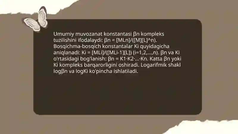 Kompleks birikmalarning eritmadagi muvozanatli. Barqarorlik va beqarorlik konstantalari 4