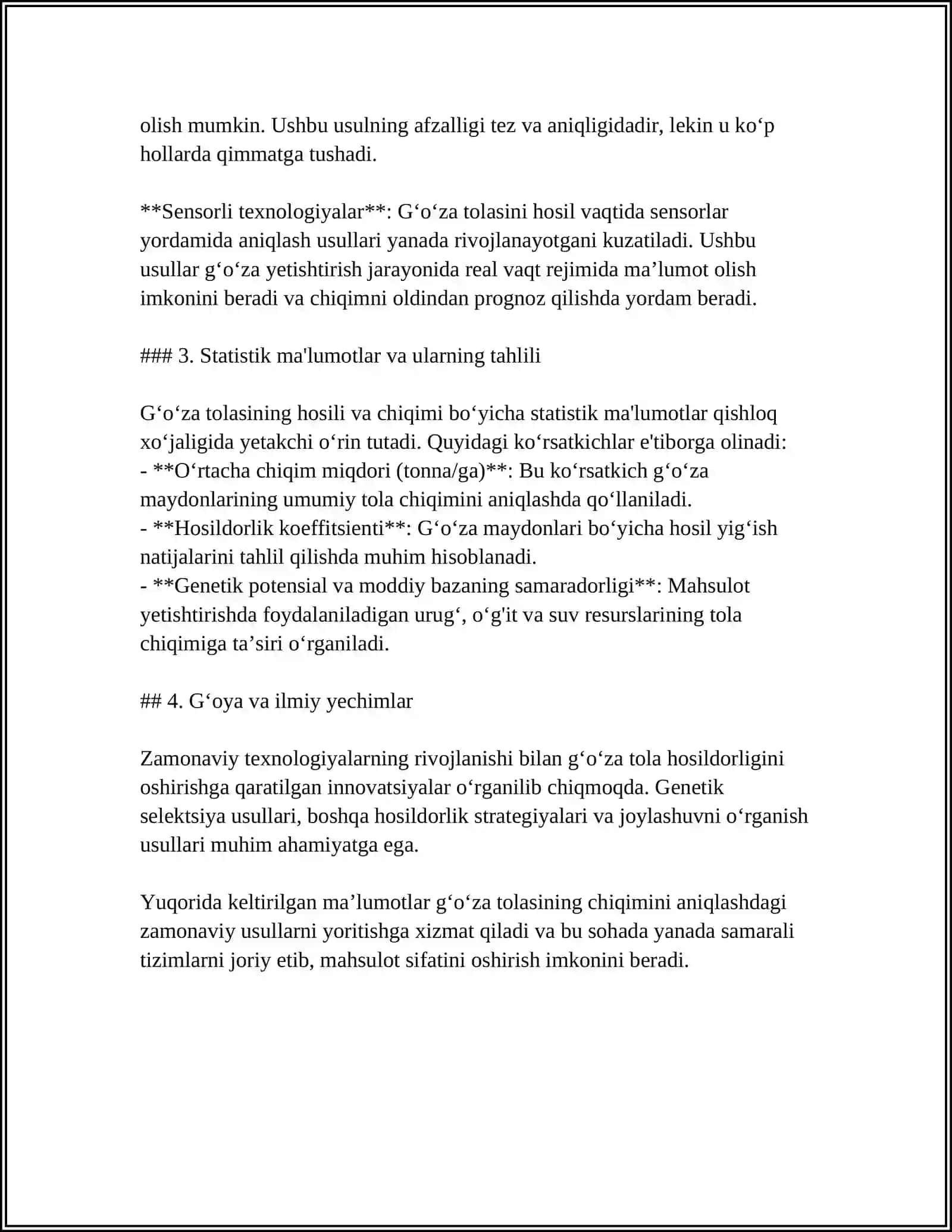 OʼRGANILAYOTGAN MATERIAL KORSATGICHLARI ASOSIDA GʻOʻZANING TOLA CHIQIMI VA UNING INDEKSI, 1000 DONA CHIGIT OGIRLIGI VA OʻSIMLIK HOSILDORLIGINI ANIQLASH 4