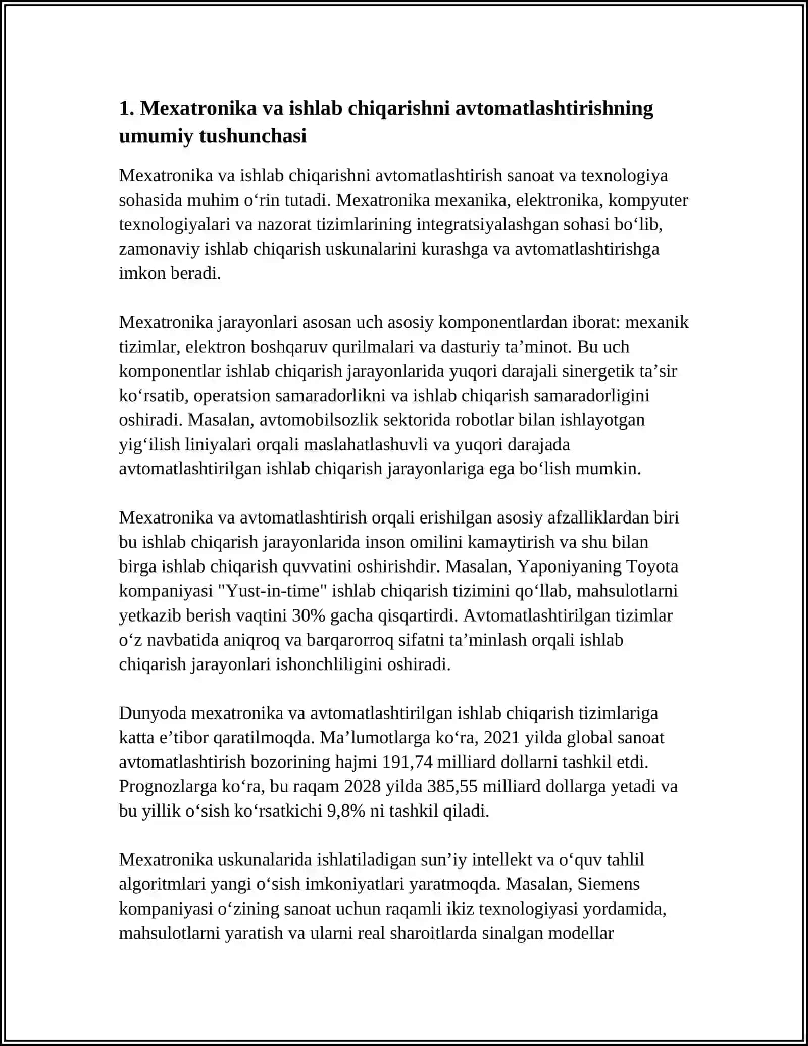 KIMYO TEXNALOGIYALARI (ISHLAB CHIQARISH TURLARI BOʻYICHA) - ISHLAB CHIQARISHNI AVTOMATLASHTIRISHDA MEXATRONIKANING ISTIQBOLLARI 4